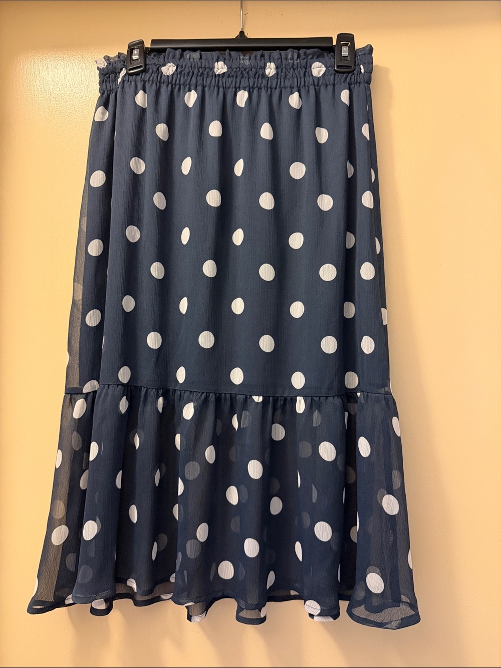 LC Lauren Conrad Navy and White Polka Dot Midi Skirt